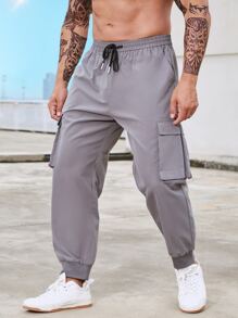 Manfinity Men Letter Graphic Flap Pocket Drawstring Waist Cargo Trousers - Grey - View 4