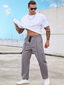 Manfinity Hombres Pantalones cargo con bolsillo lateral con solapa de cintura con cordón - Gris - Ver 3