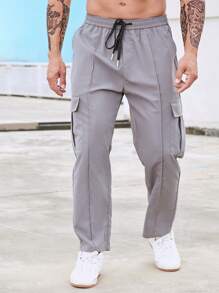 Manfinity Hombres Pantalones cargo con bolsillo lateral con solapa de cintura con cordón - Gris - Ver 4