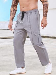 Manfinity Hombres Pantalones cargo con bolsillo lateral con solapa de cintura con cordón - Gris - Ver 5