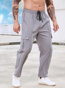 Manfinity Hombres Pantalones cargo con bolsillo lateral con solapa de cintura con cordón - Gris - Ver 6