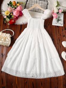 Girls Swiss Dot Shirred Ruffle Trim Dress - White - View 2