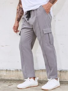 Manfinity Hombres Pantalones cargo con bolsillo lateral con solapa de cintura con cordón - Gris - Ver 1