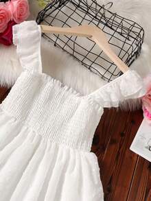 Girls Swiss Dot Shirred Ruffle Trim Dress - White - View 3