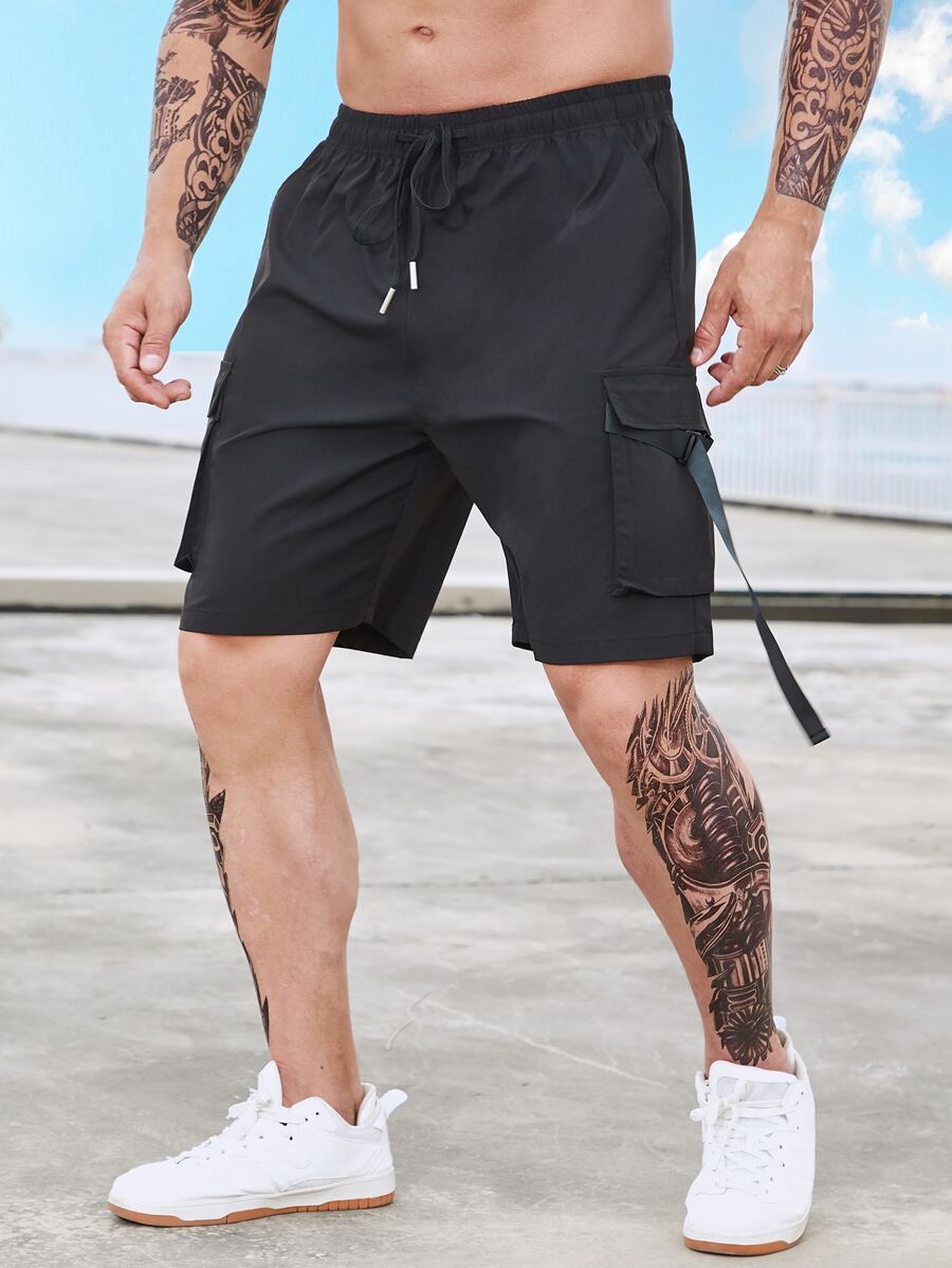 Manfinity Men Plus Flap Pocket Drawstring Waist Cargo Shorts - Black - View 1