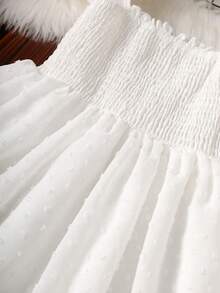 Girls Swiss Dot Shirred Ruffle Trim Dress - White - View 4