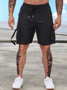 Manfinity Men Plus Flap Pocket Drawstring Waist Cargo Shorts - Black - View 4