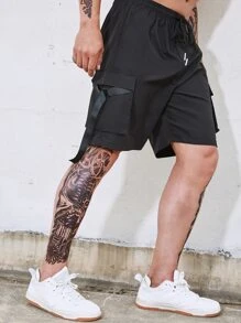 Manfinity Men Plus Flap Pocket Drawstring Waist Cargo Shorts - Black - View 7