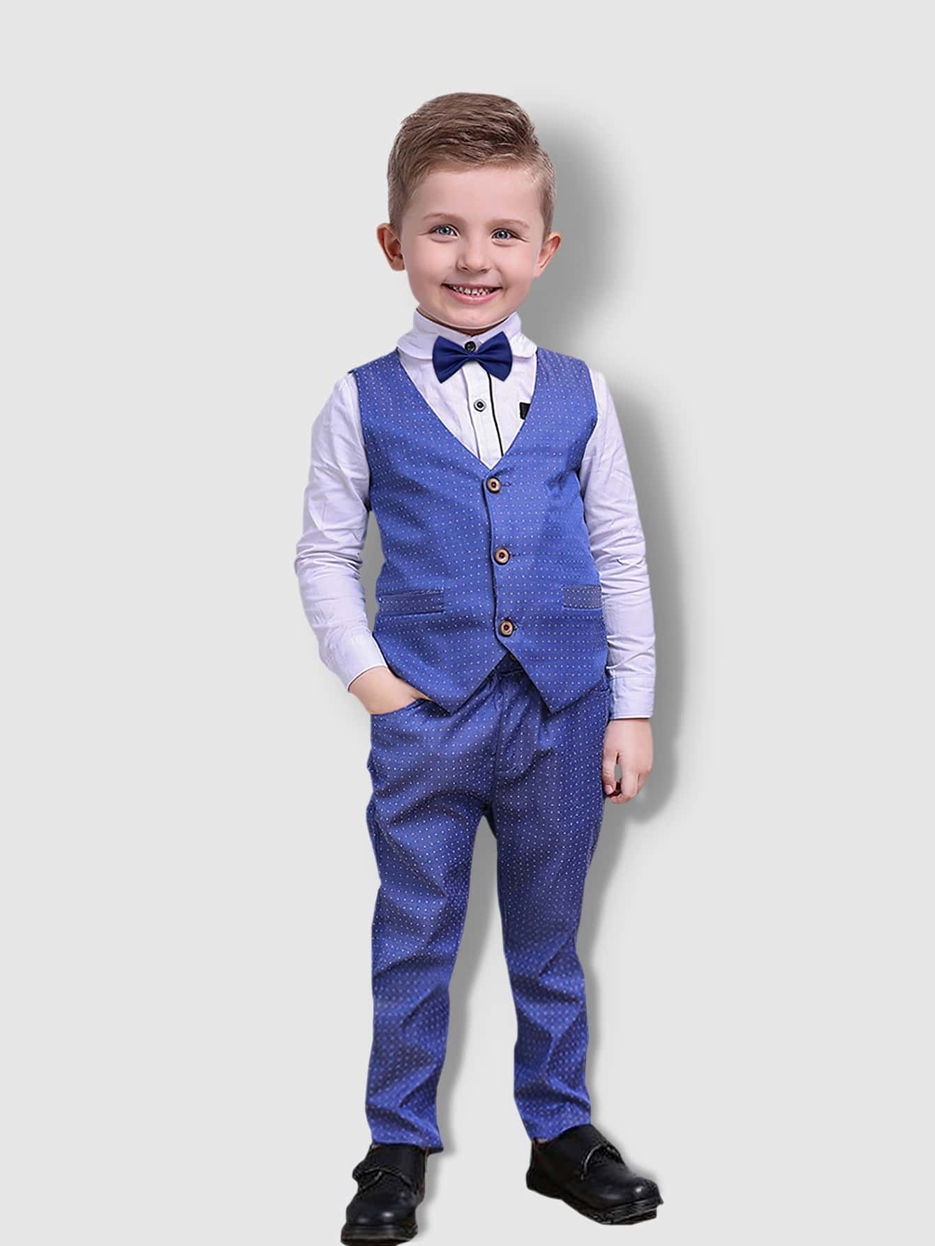 Conjunto de chaleco para niño, camisa de vestir de niños + chaleco + pantalones + pajarita de 4 piezas traje formal para actuaciones o bodas - Azul y blanco - Ver 1