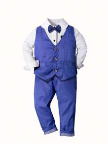 Conjunto de chaleco para niño, camisa de vestir de niños + chaleco + pantalones + pajarita de 4 piezas traje formal para actuaciones o bodas - Azul y blanco - Ver 3