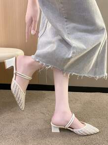Women Minimalist Point Toe Chunky Heeled Pumps, Fashion Mesh Mule Pumps