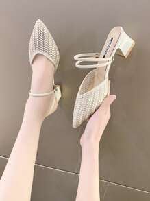 Women Minimalist Point Toe Chunky Heeled Pumps, Fashion Mesh Mule Pumps