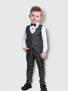 兒童襯衫背心褲子蝴蝶結四件套，幼兒男孩背心西裝套裝，適合婚禮派對服裝