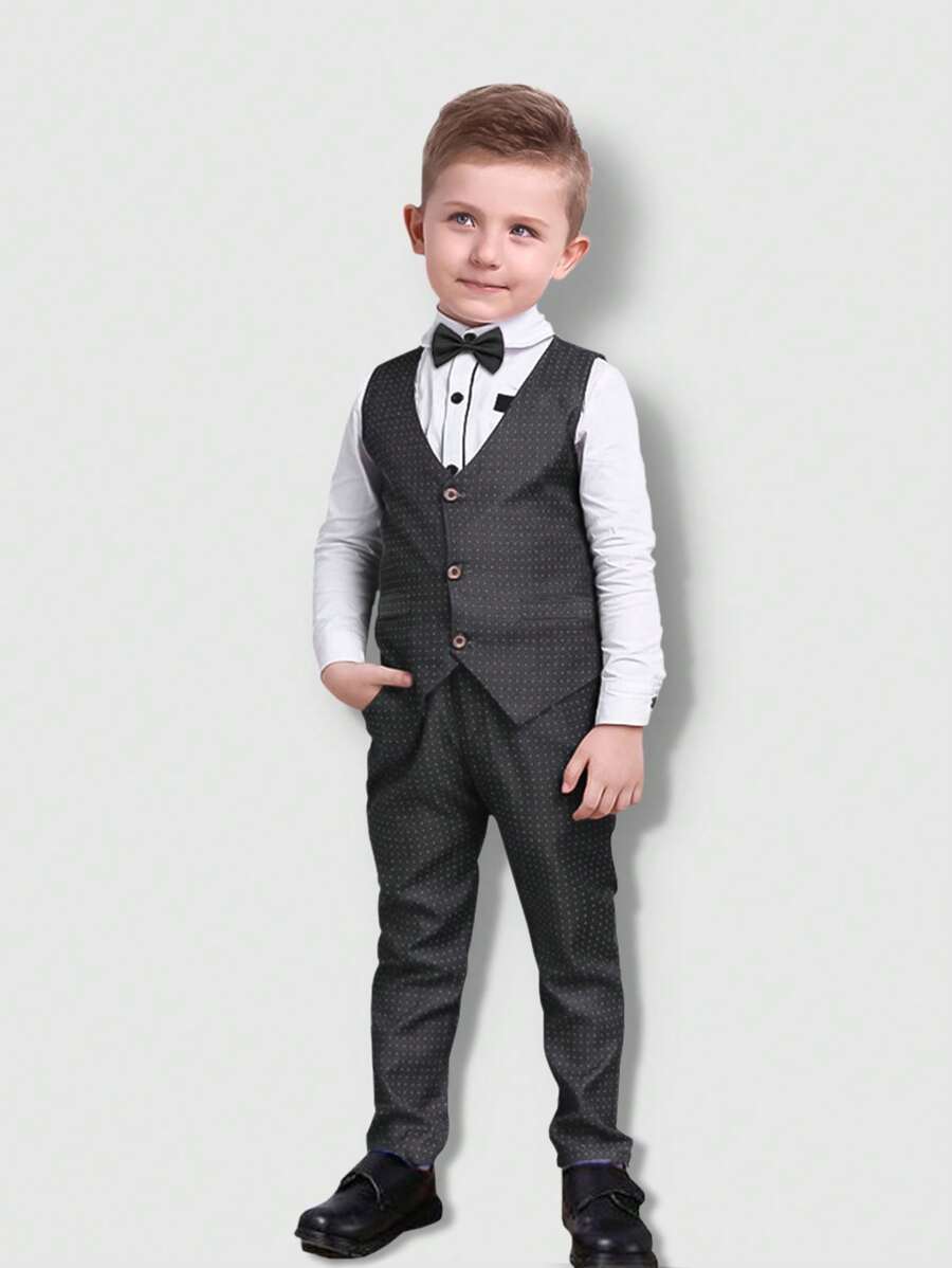 兒童襯衫背心褲子蝴蝶結四件套，幼兒男孩背心西裝套裝，適合婚禮派對服裝