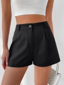SHEIN EZwear High Waist Plicated Detail Wide Leg Shorts - Black - View 1