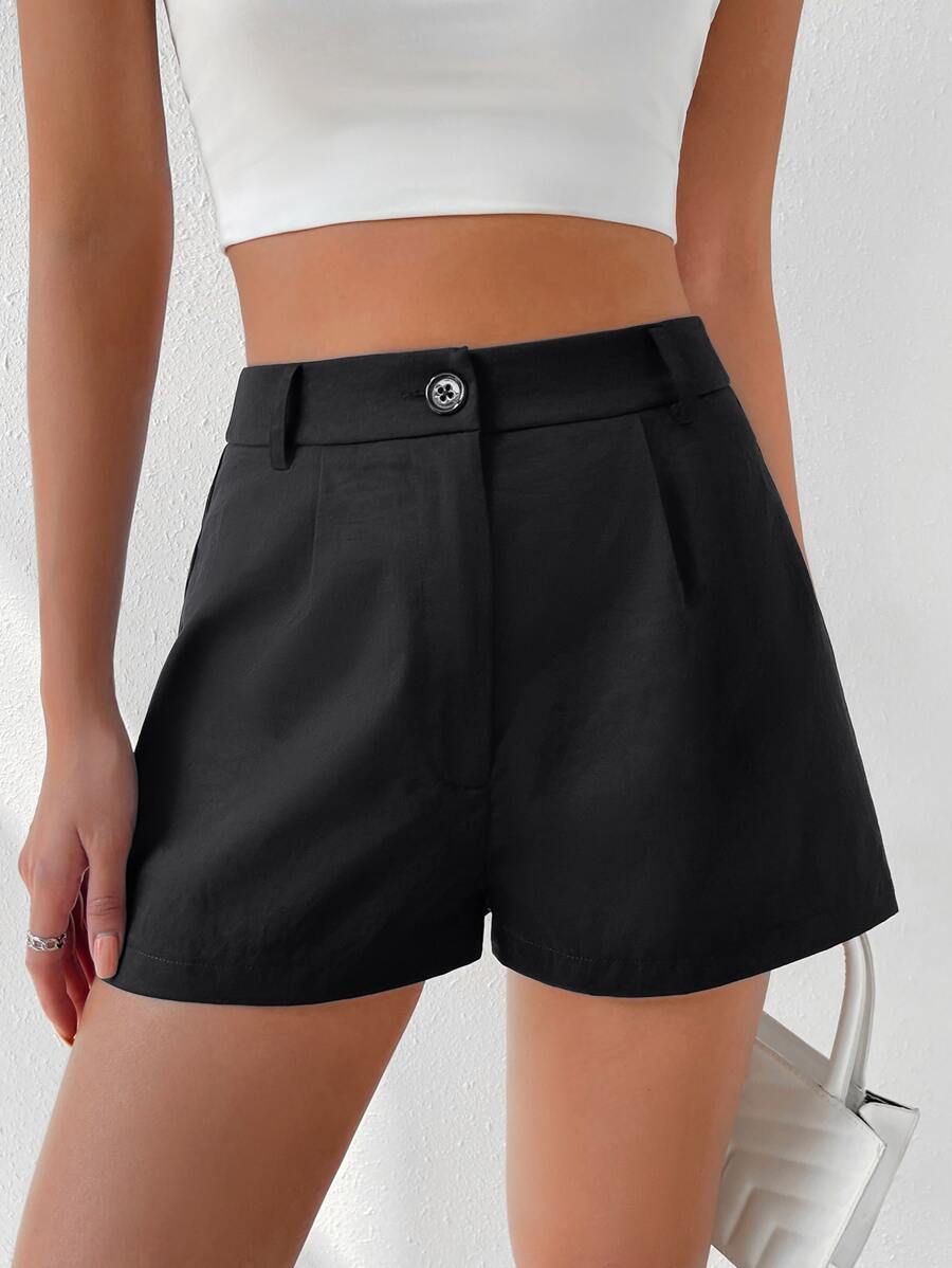 SHEIN EZwear High Waist Plicated Detail Wide Leg Shorts - Black - View 1