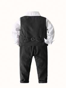 兒童襯衫背心褲子蝴蝶結四件套，幼兒男孩背心西裝套裝，適合婚禮派對服裝