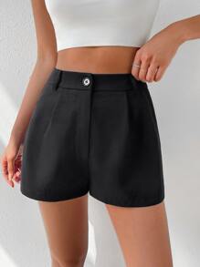 SHEIN EZwear High Waist Plicated Detail Wide Leg Shorts - Black - View 3