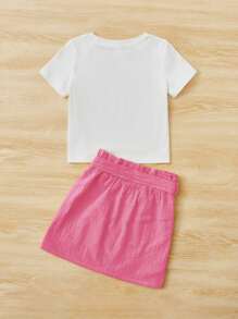 SHEIN 小女童字母圖案T恤和紙袋腰腰帶半身裙 - 粉色 - 查看 2