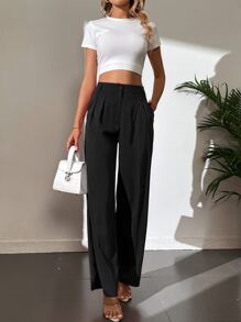 SHEIN Tall 净色高腰褶饰阔腿裤 - 黑色 - 查看 1