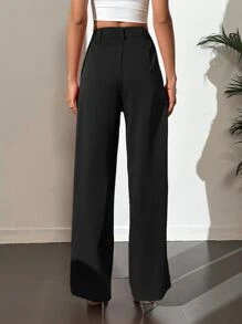 SHEIN Tall 净色高腰褶饰阔腿裤 - 黑色 - 查看 2