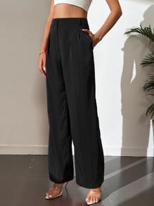 SHEIN Tall 净色高腰褶饰阔腿裤 - 黑色 - 查看 3