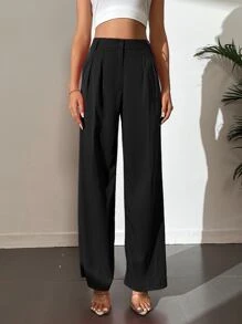 SHEIN Tall 净色高腰褶饰阔腿裤 - 黑色 - 查看 4