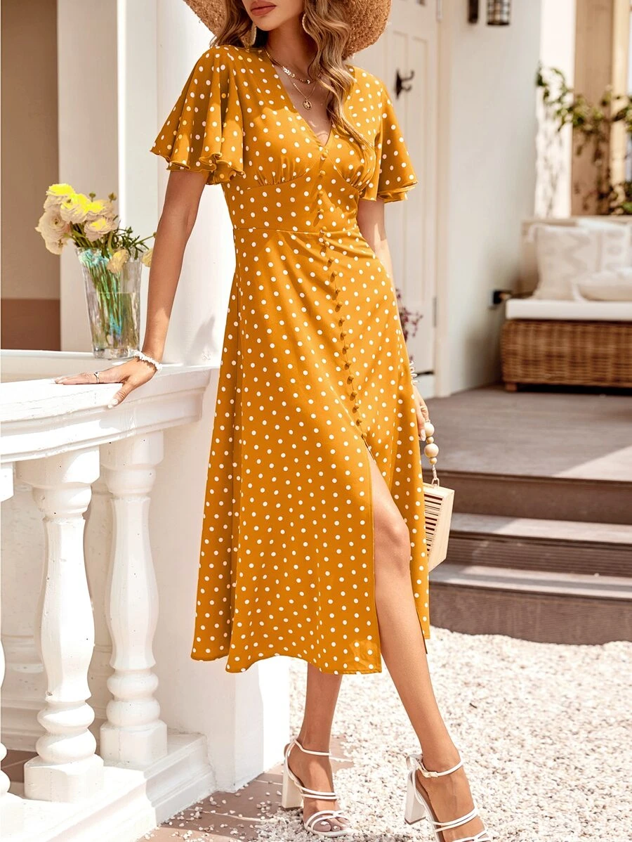 SHEIN Clasi Đầm Xù Trọn gói Tách cao Nút phía trước Chấm bi Giải trí - Màu vàng - Xem 1