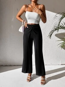 SHEIN PETITE Twist Front Wide Leg Trousers - Black - View 1