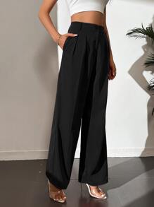 SHEIN Tall 净色高腰褶饰阔腿裤 - 黑色 - 查看 5