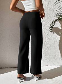 SHEIN PETITE Twist Front Wide Leg Trousers - Black - View 2