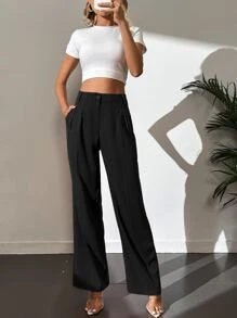 SHEIN Tall 净色高腰褶饰阔腿裤 - 黑色 - 查看 6