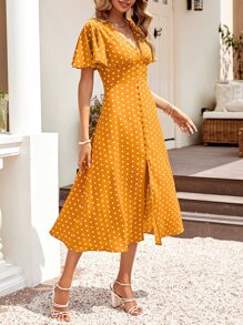 SHEIN Clasi Đầm Xù Trọn gói Tách cao Nút phía trước Chấm bi Giải trí - Màu vàng - Xem 3