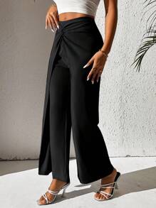 SHEIN PETITE Twist Front Wide Leg Trousers - Black - View 3