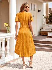 SHEIN Clasi Đầm Xù Trọn gói Tách cao Nút phía trước Chấm bi Giải trí - Màu vàng - Xem 5