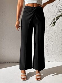 SHEIN PETITE Twist Front Wide Leg Trousers - Black - View 4