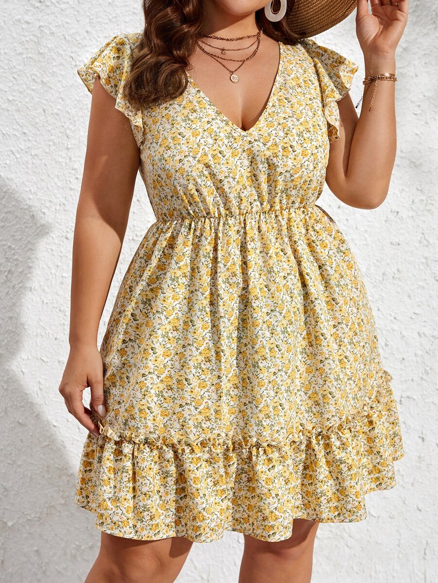 SHEIN VCAY Vestido con estampado floral bajo con fruncido - Multicolor - Ver 1