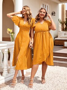 SHEIN Clasi Đầm Xù Trọn gói Tách cao Nút phía trước Chấm bi Giải trí - Màu vàng - Xem 6