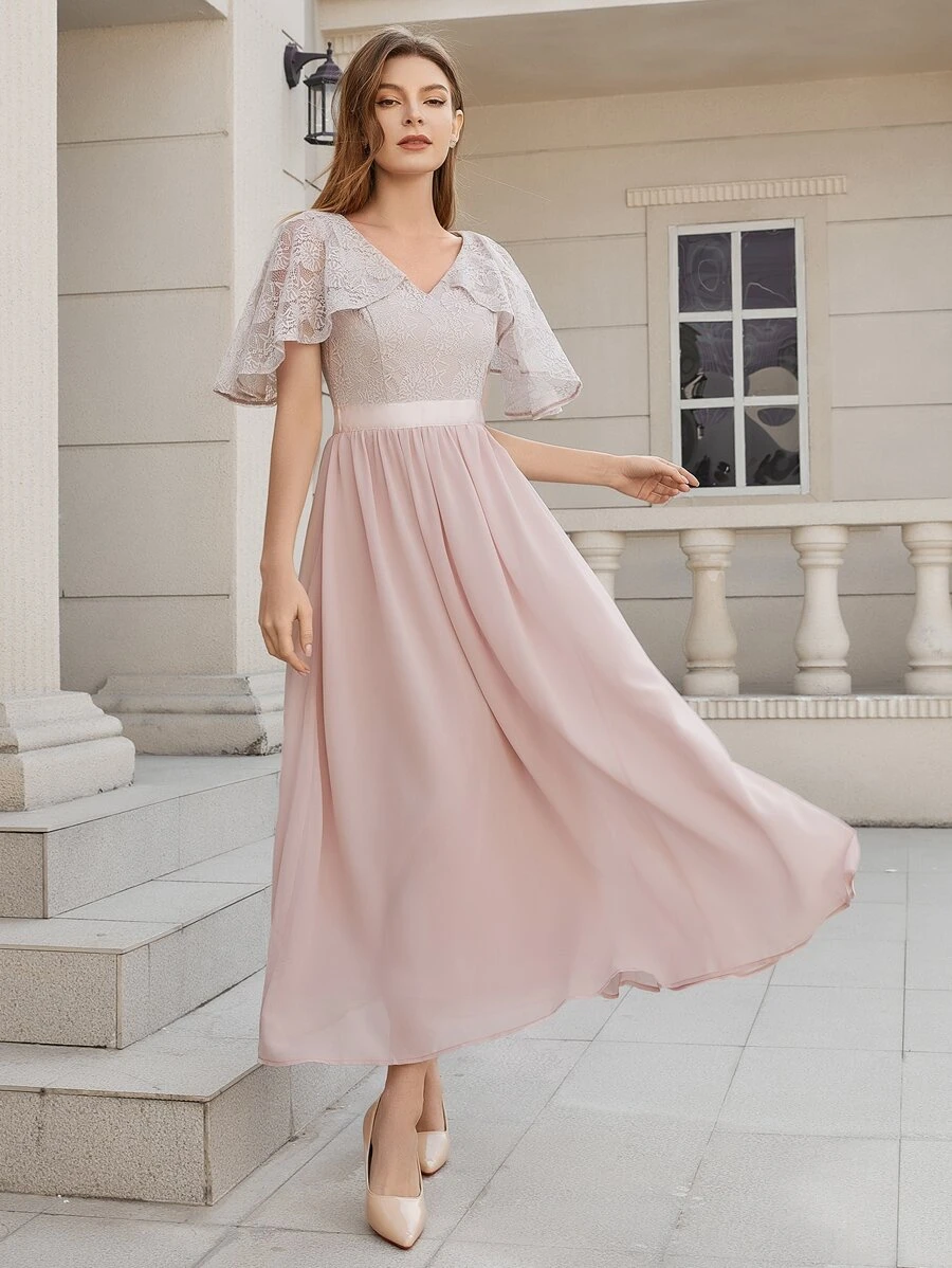 Contrast Lace Chiffon Bridesmaid Dress