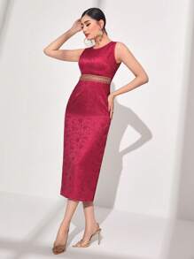 Al Najma 勃艮第红色花卉提花蝙蝠袖外套和连衣裙