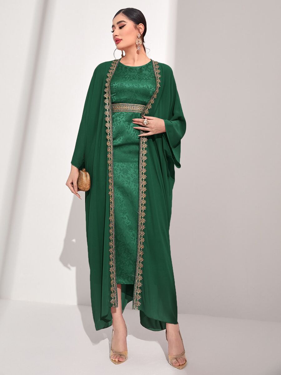 Al Najma Jacquard Batwing Sleeve Coat & Dress - Dark Green - View 1