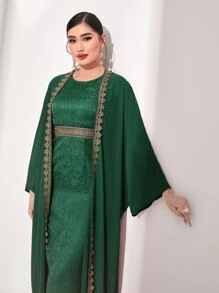 Al Najma Jacquard Batwing Sleeve Coat & Dress - Dark Green - View 4