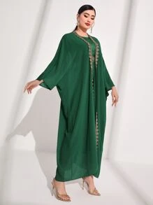 Al Najma Jacquard Batwing Sleeve Coat & Dress - Dark Green - View 5
