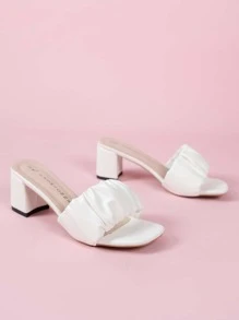 女士極簡抽褶設計粗跟穆勒優雅白色涼鞋 - 白色 - 查看 1
