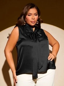 SHEIN SXY Plus Tie Neck Sleeveless Satin Blouse - Black - View 3