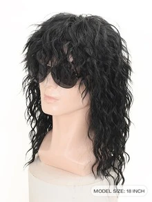 Hombres Peluca sintética medio rizado con tupe - Negro - Ver 5