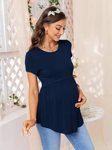 DEARCASE Maternity Solid Peplum Tee - Navy Blue - View 3