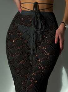 SHEIN Swim Summer Hollow Out Lace Up Waist Cover Up Pants - Black - View 4