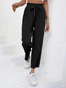 SHEIN Frenchy Paperbag Waist Knot Front Trousers - Black - View 5