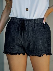 腰部抽繩毛邊短褲 - 黑色 - 查看 1